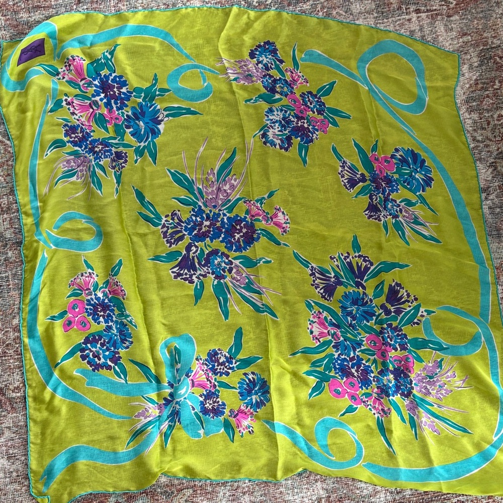 RARE VINTAGE Yves Saint Laurent Lime Green FLORAL SILK Scarf - made in Italy